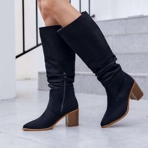 Womens Pointed Toe Mid Chunky Heel Side Zipper Knee High Boots Tall Booties